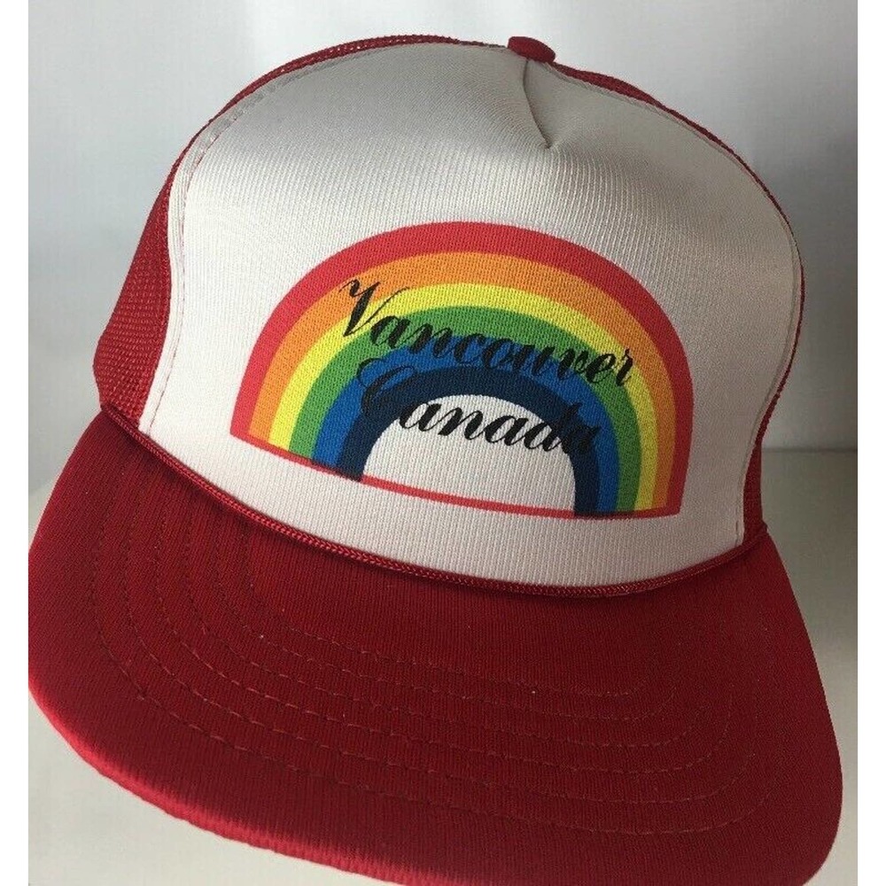 Vancouver Canada Truckers Hat VTG Spellout Rainbow Rope Snapback Foam Pride